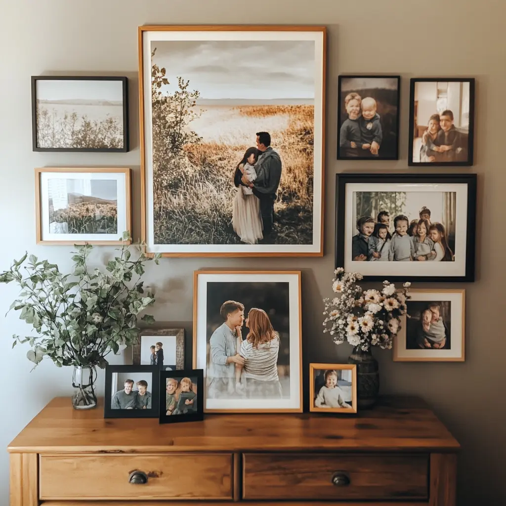 A gallery wall featuring a large, central family portrait surrounded by smaller framed photos.