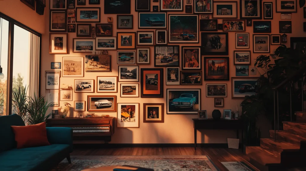 A photo wall filled with framed photos of a family, capturing their journey from their first car to their first child.