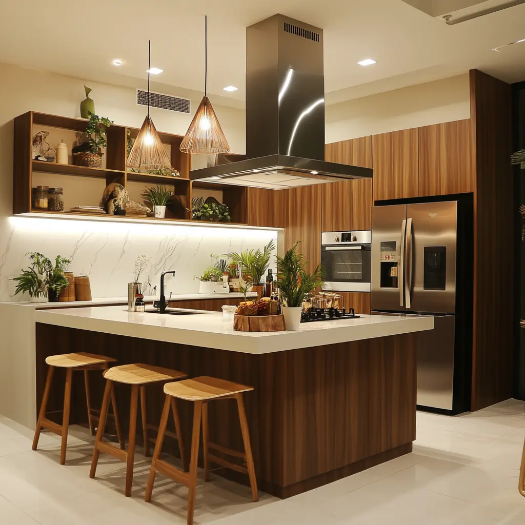 Modern Filipino Kitchen with Swedish Influence A modern Filipino kitchen with clean lines and natural materials, featuring Swedish-inspired minimalist design elements.