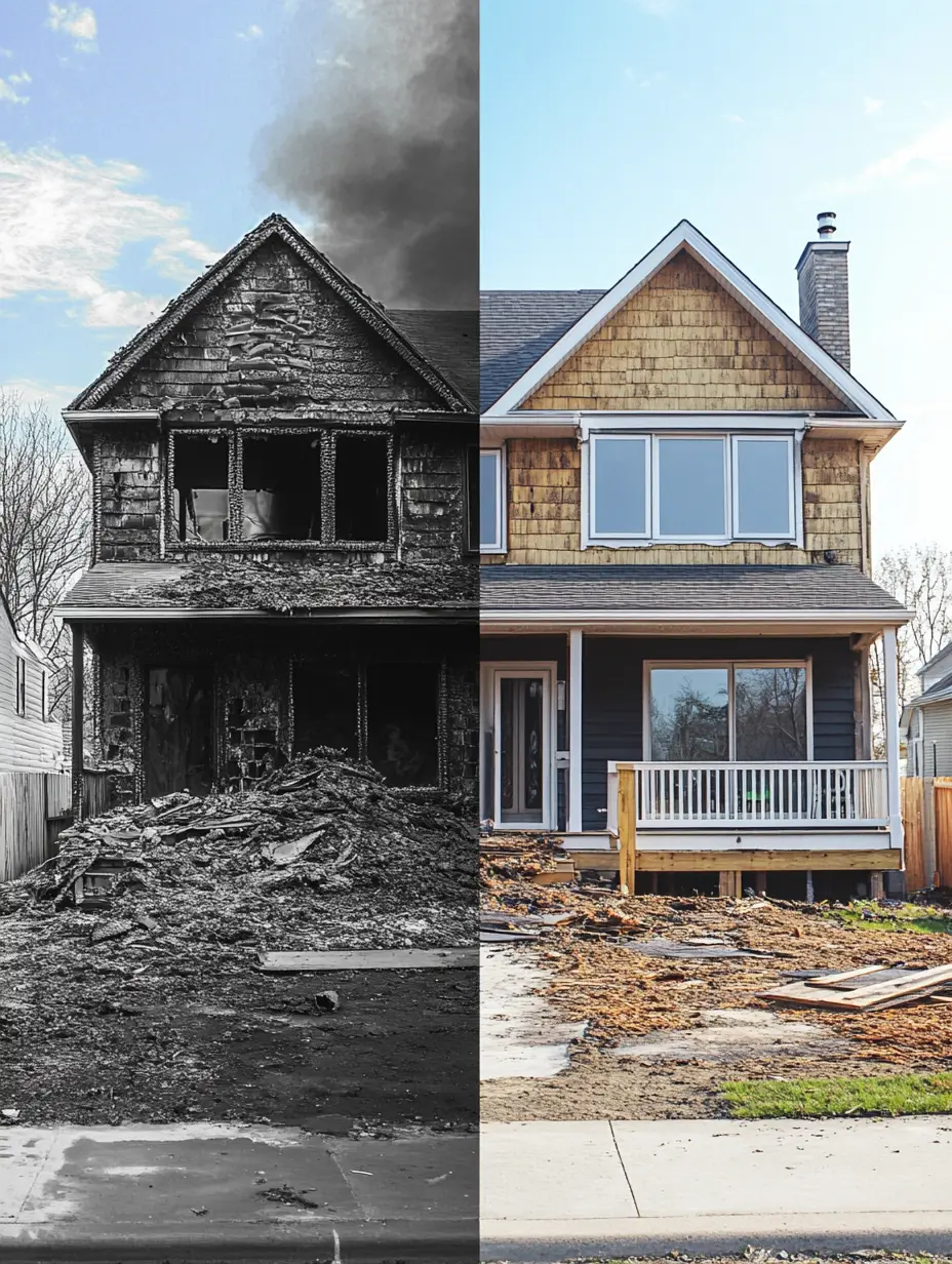 Before and after fire restoration of a home. The left side shows the charred remains of the house, while the right side displays the fully restored, modern home.