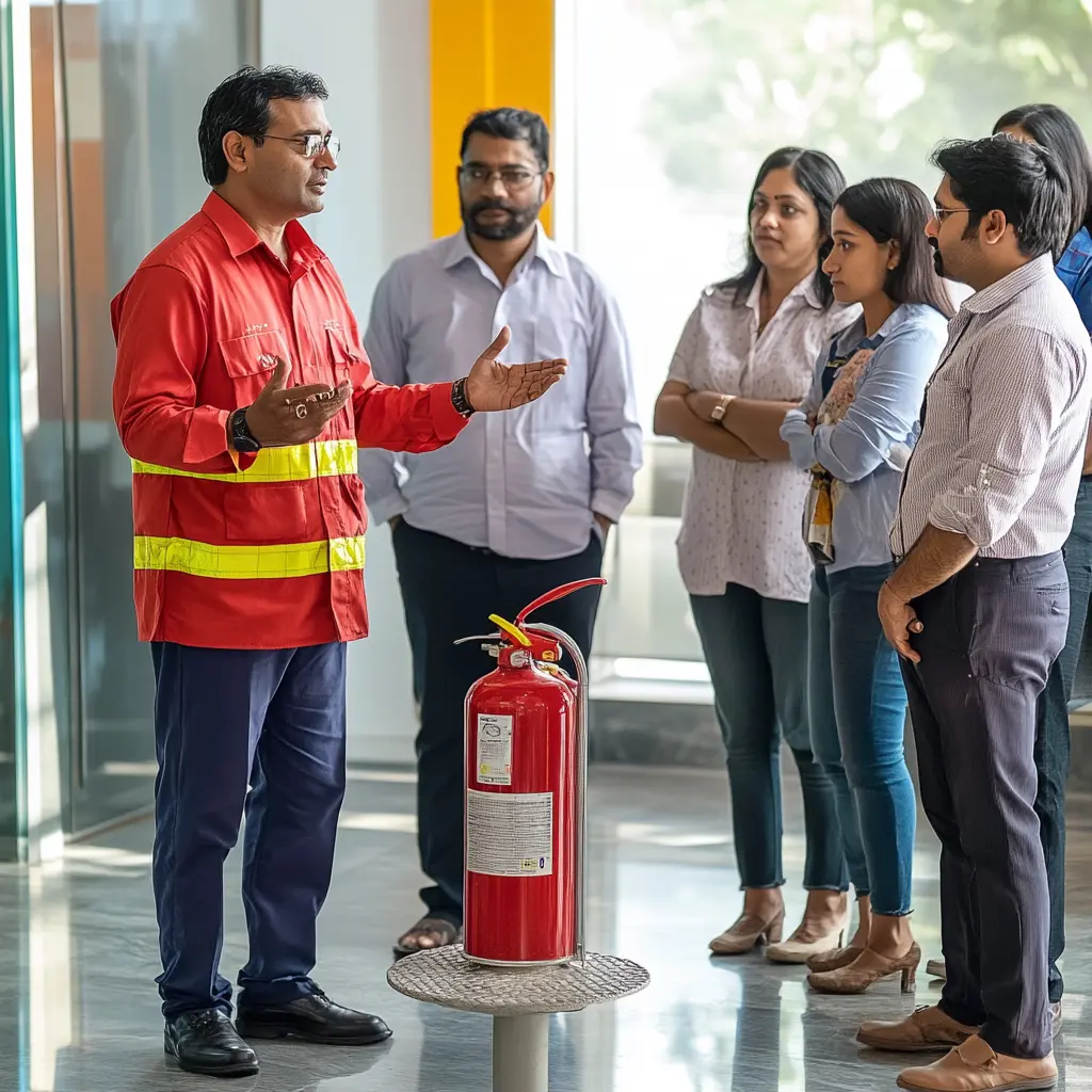 An Indian man in a safety uniform instructs a group of Indian office employees on how to use a fire extinguisher.