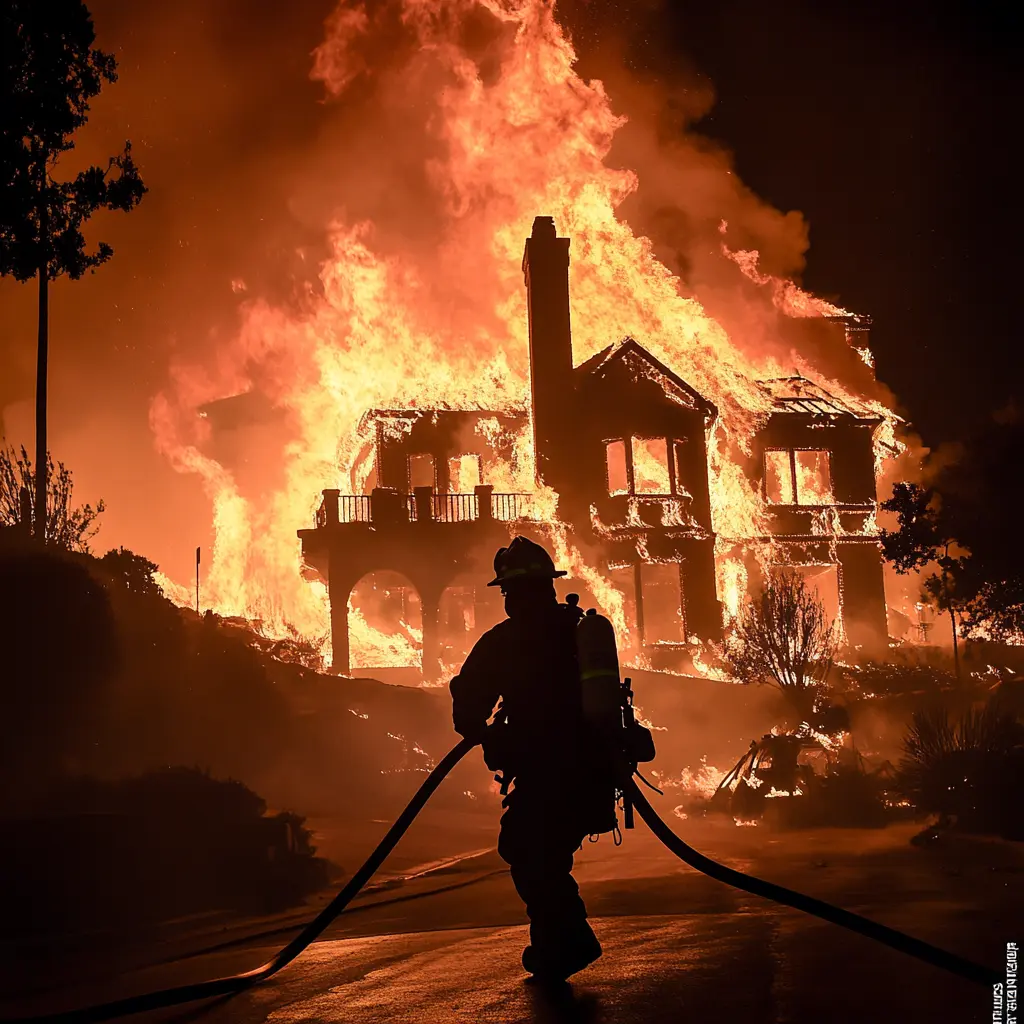 Silhouette of a firefighter running a hose line in front of a burning mansion in the hills at night.