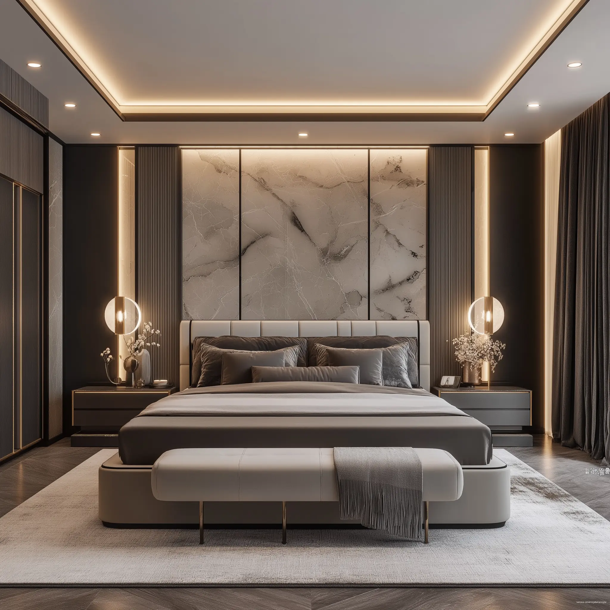 French-Chinese Fusion Villa: A Glossary of Key Terms A luxurious bedroom in a French-Chinese fusion villa, featuring a beautifully carved wooden bed and a stunning accent wall.