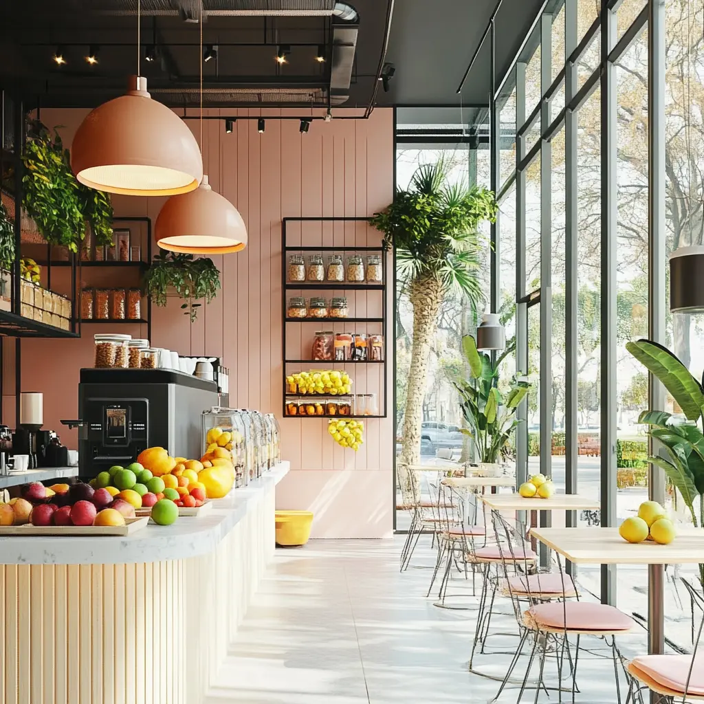 Unique Coffee Shop Design: Fruit as Furniture A cozy coffee shop interior with a table made of fruits and a vibrant color palette.