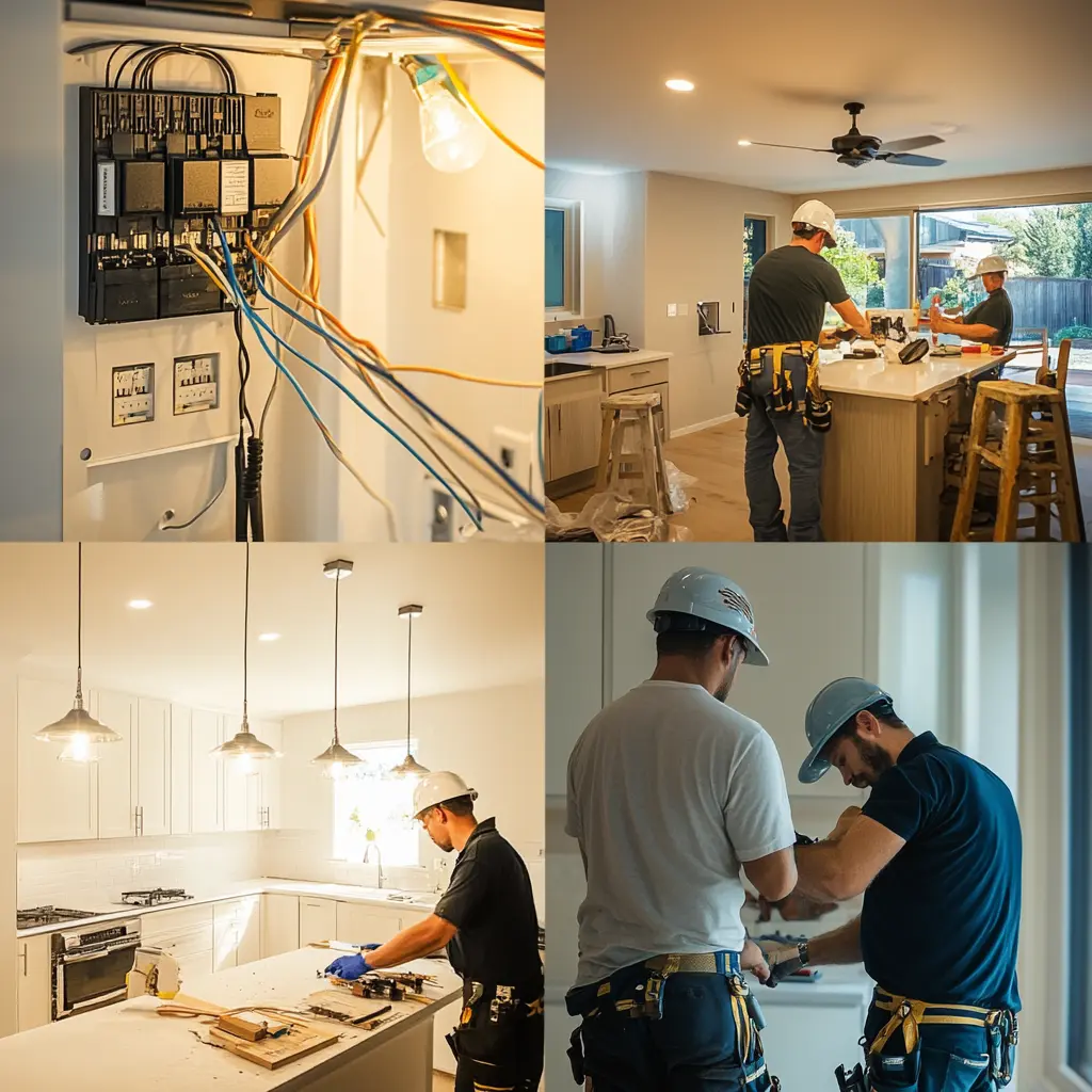 A collage image showcasing various electrical services, including lighting installation, circuit breaker repairs, and ceiling fan installation.