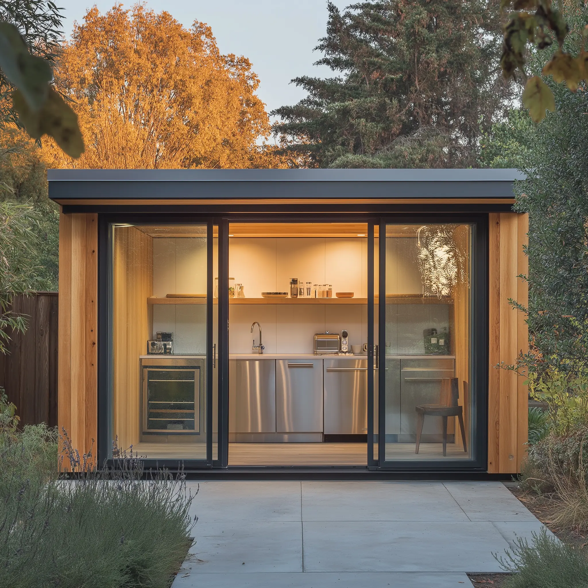 Garden Studio with Kitchenette: Perfect for Work or Relaxation garden studio with silver birch cladding, glass doors, and a small stainless steel kitchen.