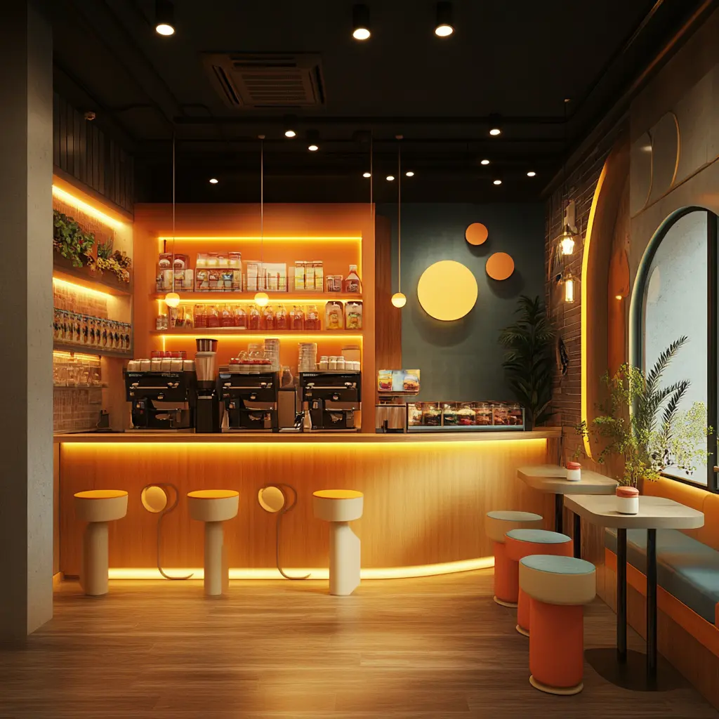 Gen Z's Dream Cafe: Where Design Meets Drinks A trendy cafe interior with modern design elements and colorful drinks.