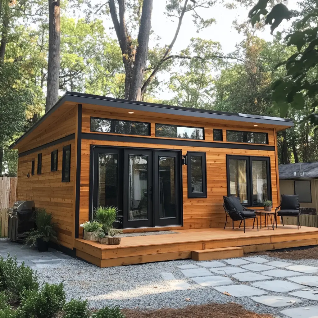 A small, wooden tiny home studio with a porch swing, surrounded by lush greenery and a white picket fence, reminiscent of Georgia's countryside.