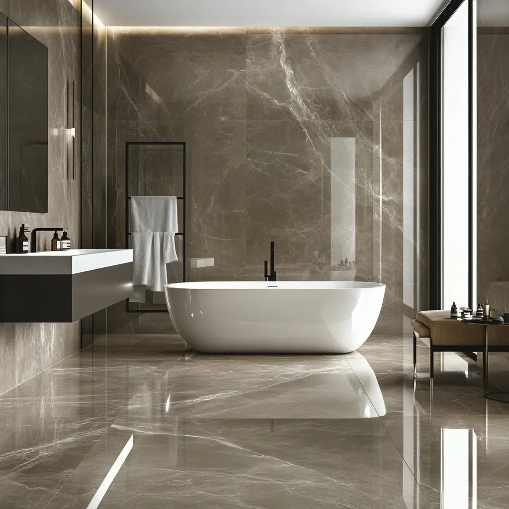 Modern Bathroom Design: The Glamorous Appeal of Glossy Porcelain A close-up of glossy porcelain stoneware bathroom wall tiles, reflecting light and creating a sleek, modern look.