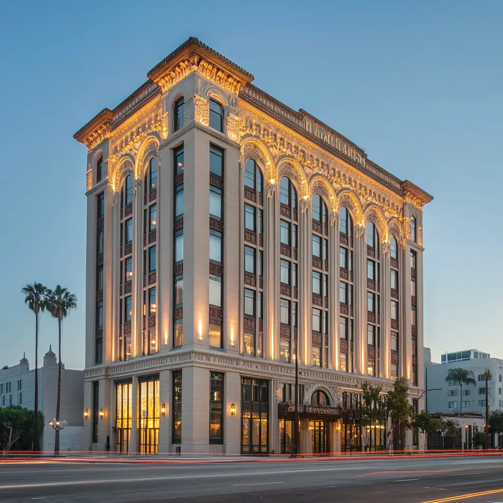 The Herald Examiner Building at night, illuminated by warm urban lighting against the vibrant backdrop of the Los Angeles skyline.