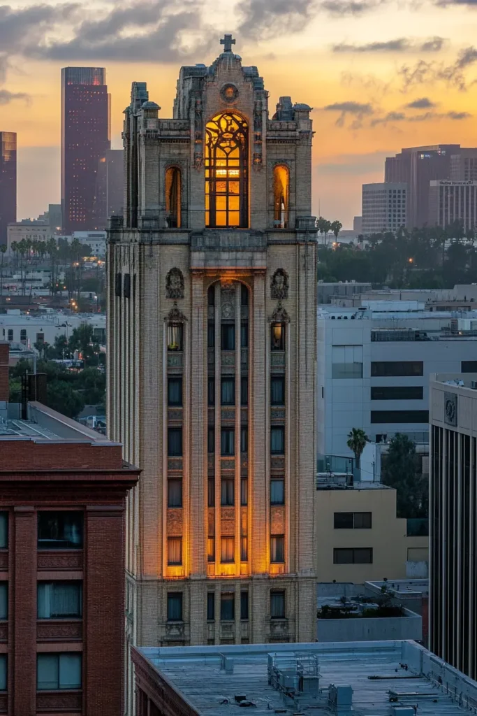 A restored historic building in Los Angeles, showcasing sustainable materials and intricate architectural details.