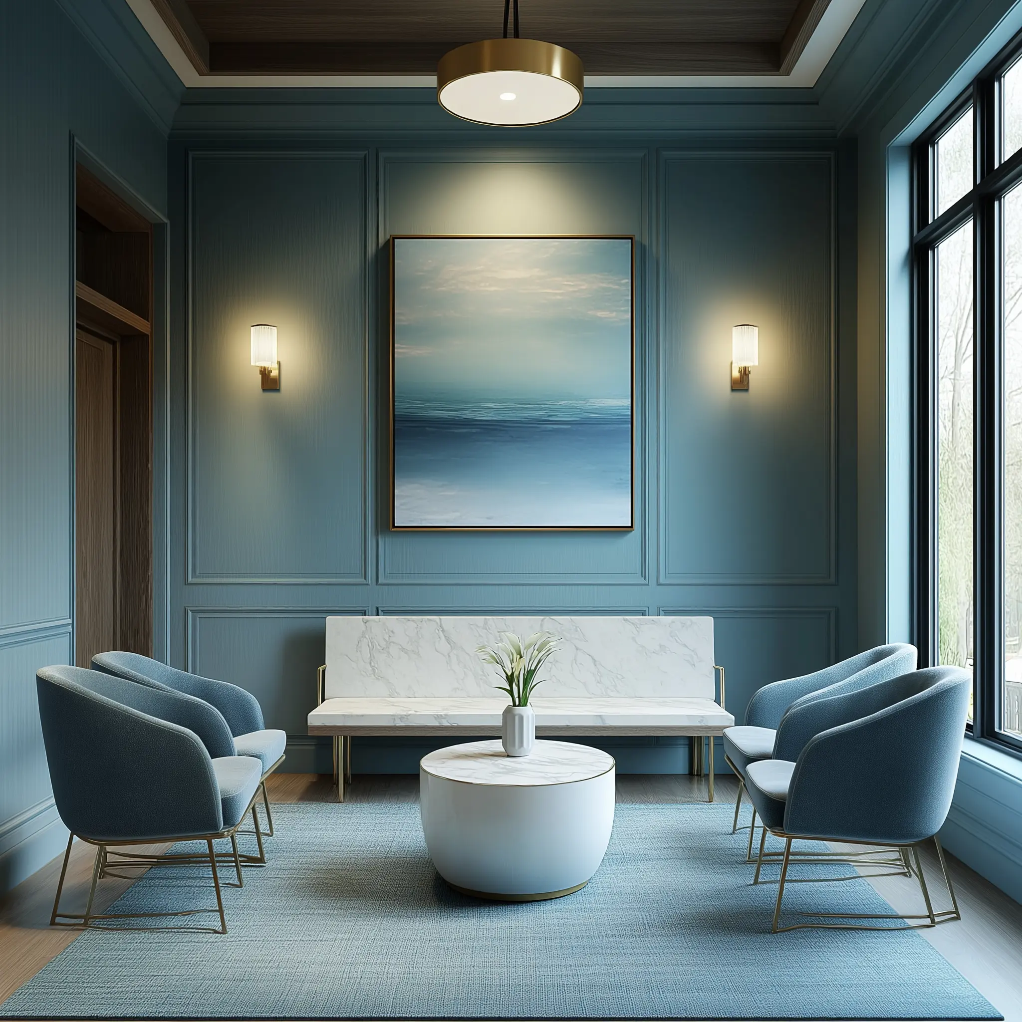 Moody & Modern: High-End Doctor's Office Reception Design A photorealistic rendering of a doctor's office reception area with a moody and modern design, featuring a built-in bench, chairs, and side tables in a color palette of light blue, teal blue, and white oak.