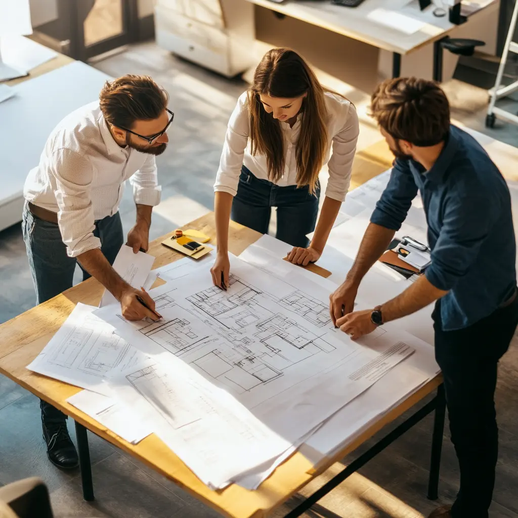 Team Collaboration: Navigating the Home Construction Permitting Process A team of professionals reviewing blueprints and permit documents in a modern office setting.