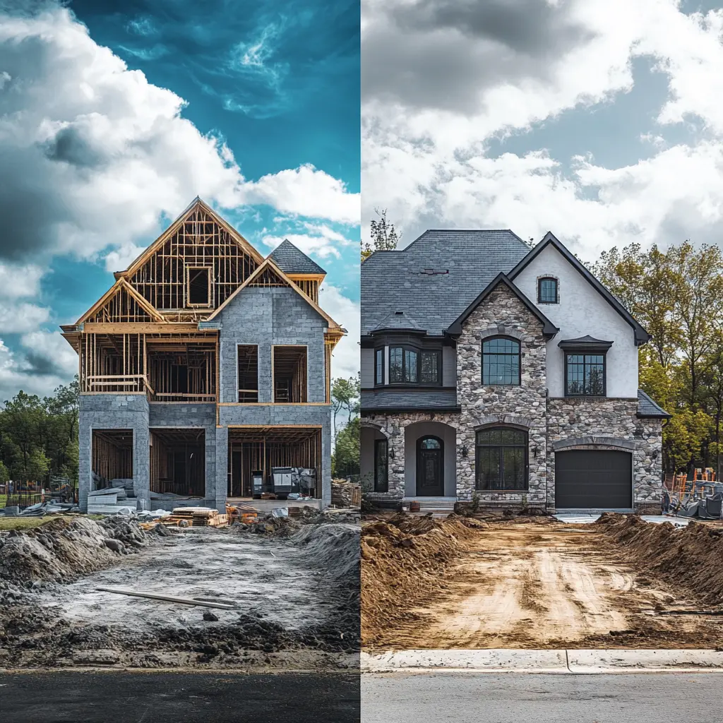 Financing A split-screen banner showing a house under construction on one side and a completed home on the other, highlighting the transformation process.