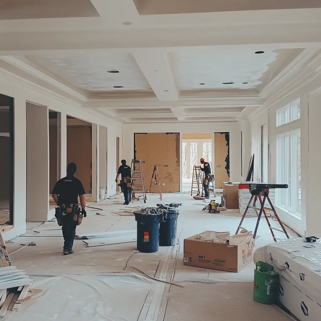 Home Renovation in Progress: Before and After A team of construction workers renovating the interior of a beautiful home.