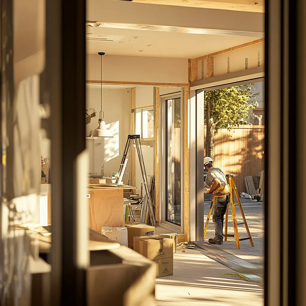 Home Renovation in Progress: A Modern Cozy Makeover A construction worker working on the interior of a modern home renovation.