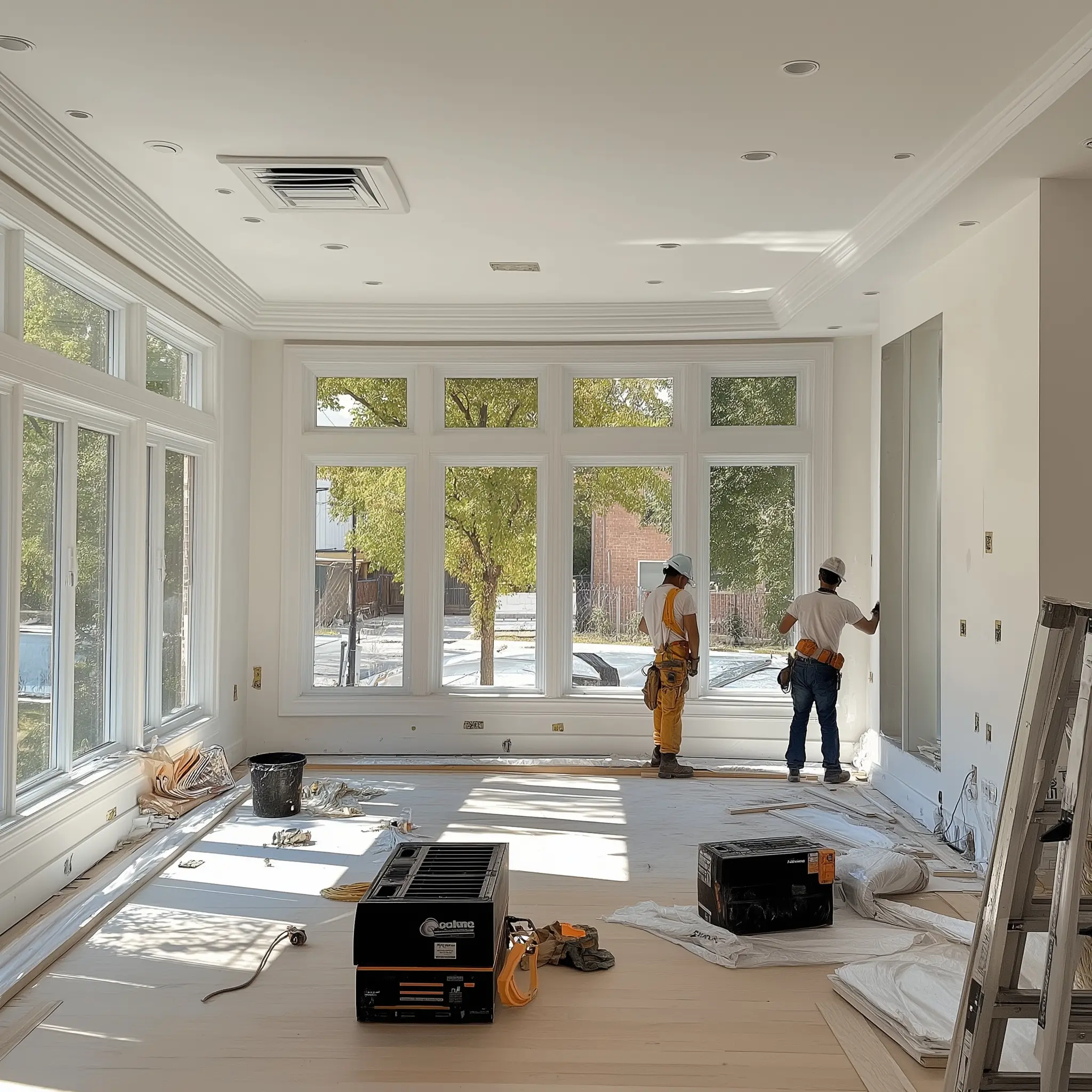 Home Renovation: Installing a New Wood Floor & Windows Construction workers installing a new wood floor and windows in a bright living room.