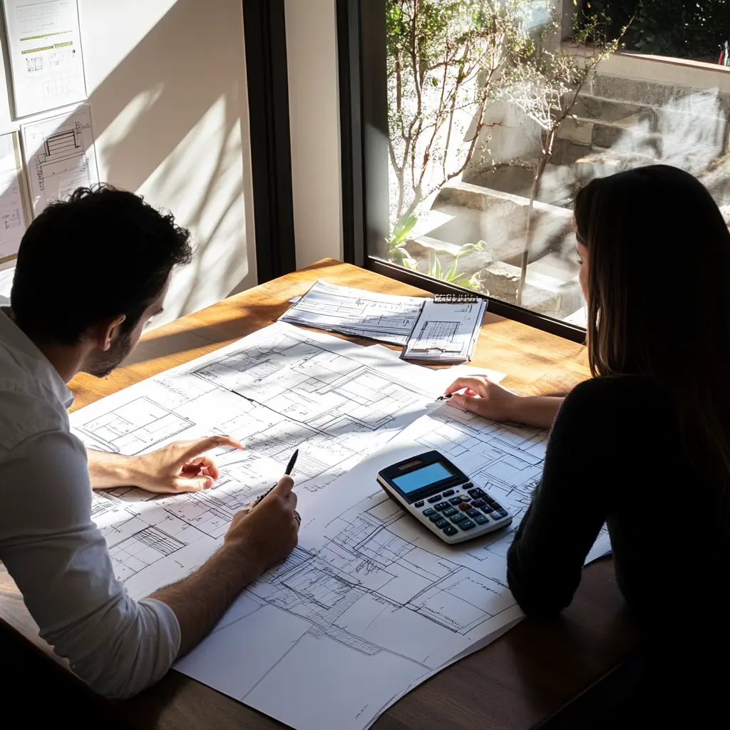 Homeowner and Architect Collaborate on Blueprint Review A homeowner and architect reviewing detailed blueprints and cost estimates at a modern home office.
