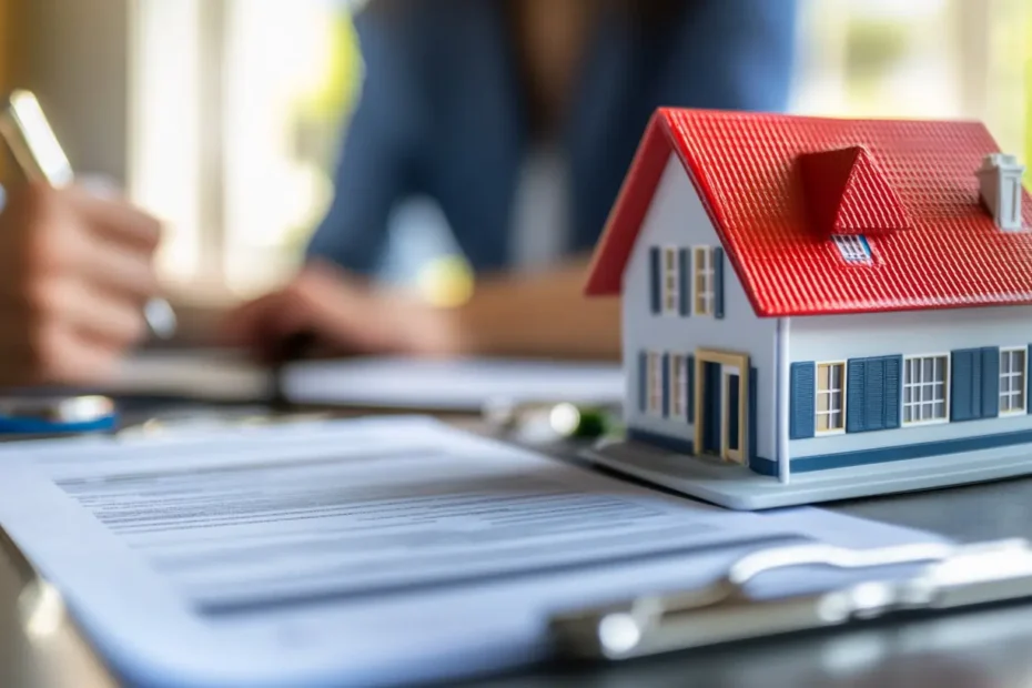 A homeowner and a real estate agent reviewing property sale documents in a well-lit office setting.