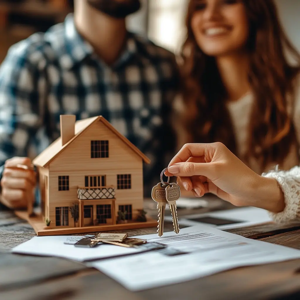 FHA A couple smiling and holding keys in front of a modern residential building on a sunny day.