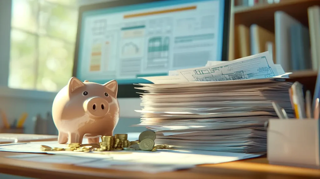 FHA A desk with neatly organized financial documents, a piggy bank overflowing with coins, a computer screen displaying mortgage rates, and a house blueprint.
