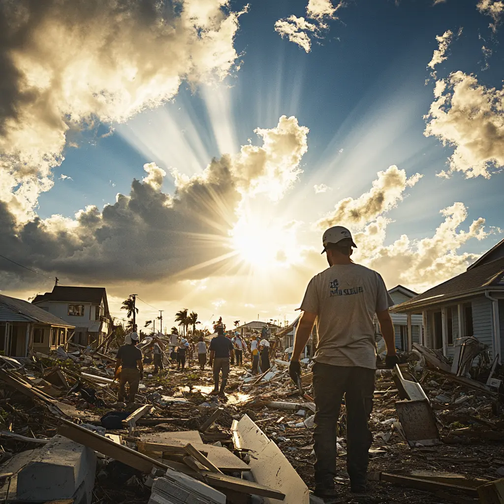 Financing Volunteers working together to rebuild homes in a disaster-stricken area, with a bright sky symbolizing hope.
