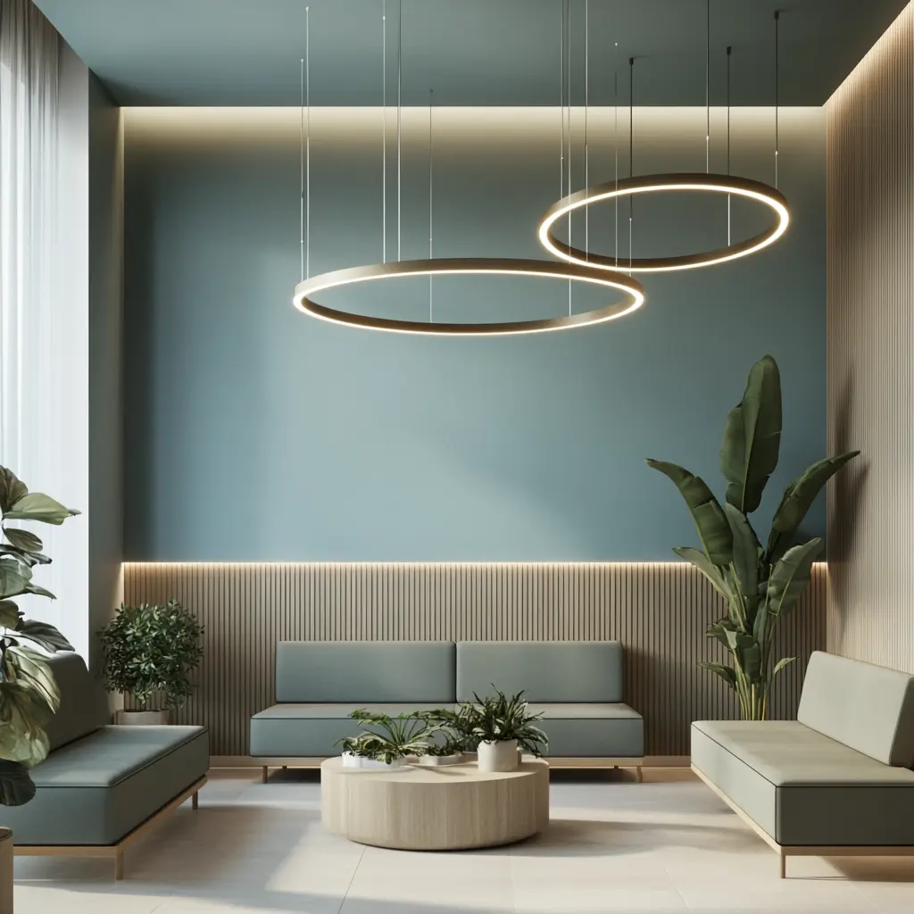 Hospital Waiting Room: A Luxurious Hospitality Experience A hospital waiting room with comfortable sofas, coffee tables, and warm lighting, designed in a luxurious hospitality style.