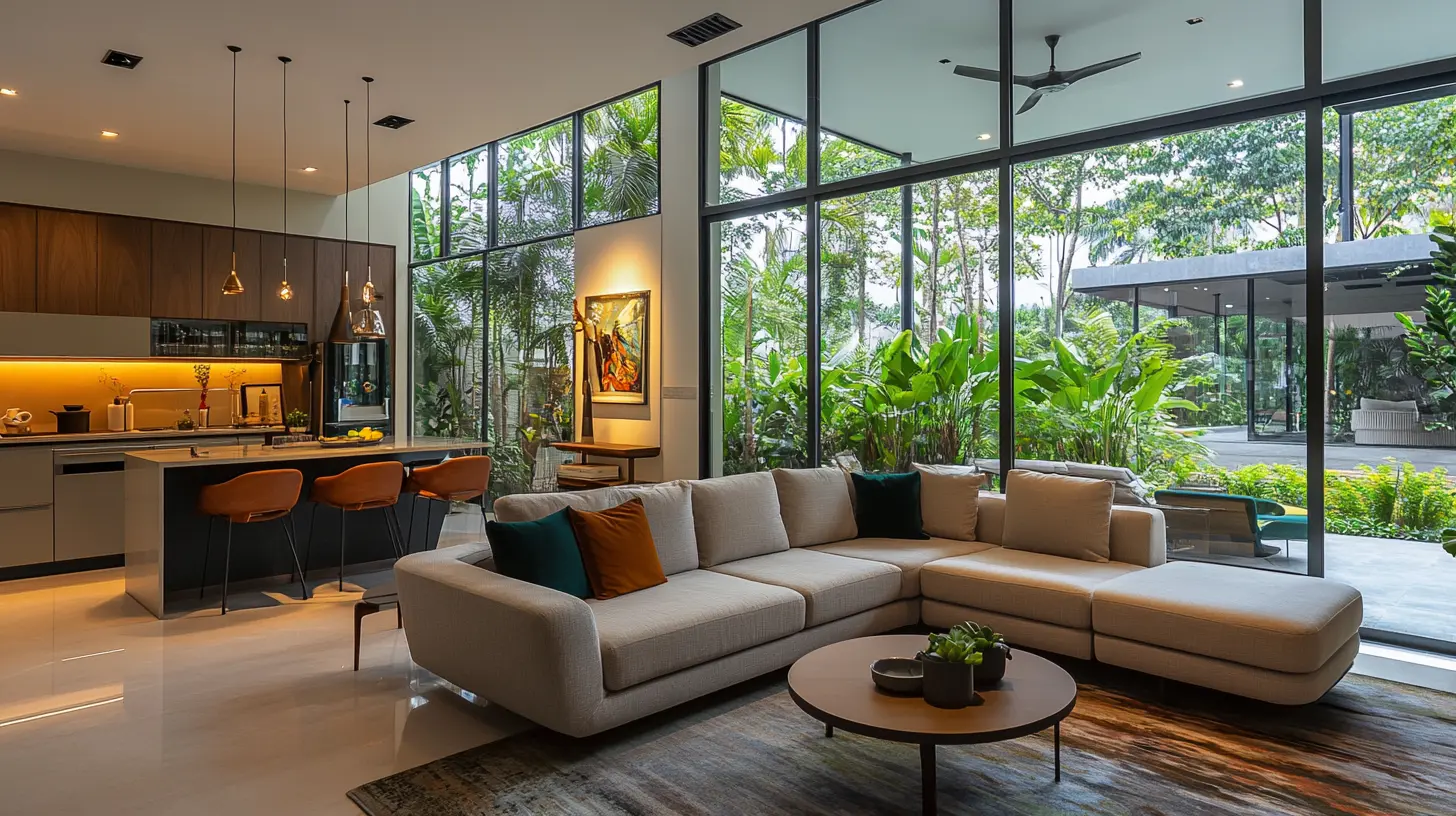 150 Sqm Home: Hotel Lounge Inspired Living Room Design A living room in a 150 sqm home with a neutral color palette, featuring a sleek sofa, a minimalist coffee table, and large floor-to-ceiling windows with views of lush greenery.