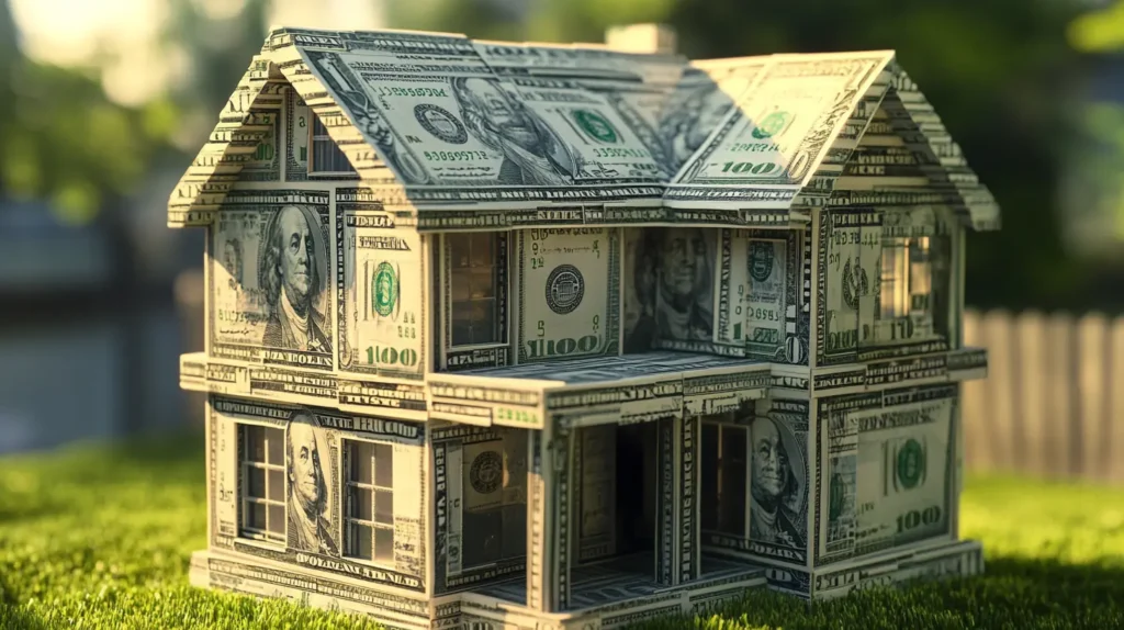 A house constructed from bricks shaped like $100 dollar bills, a unique and eye-catching architectural feat.