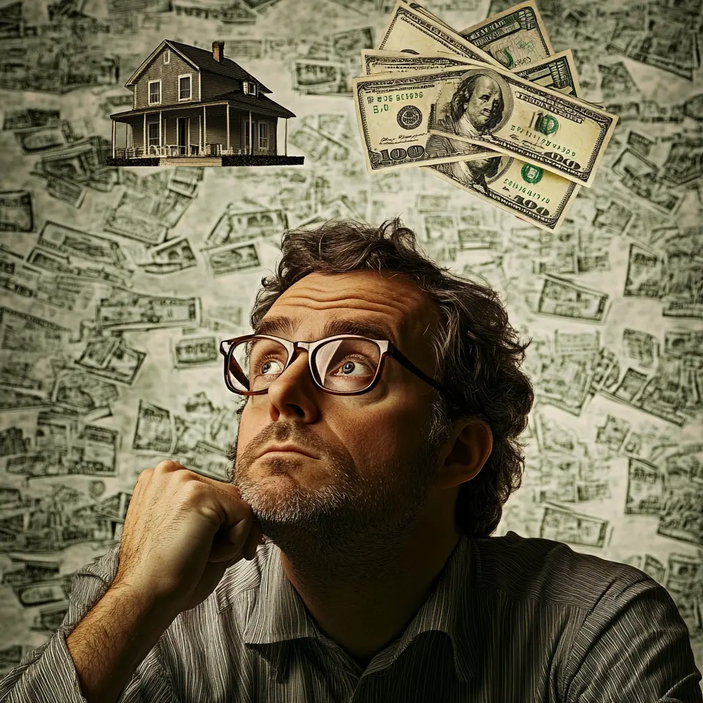 A man appears deep in thought, with a small house image on one side and a wad of money on the other, symbolizing a life decision.