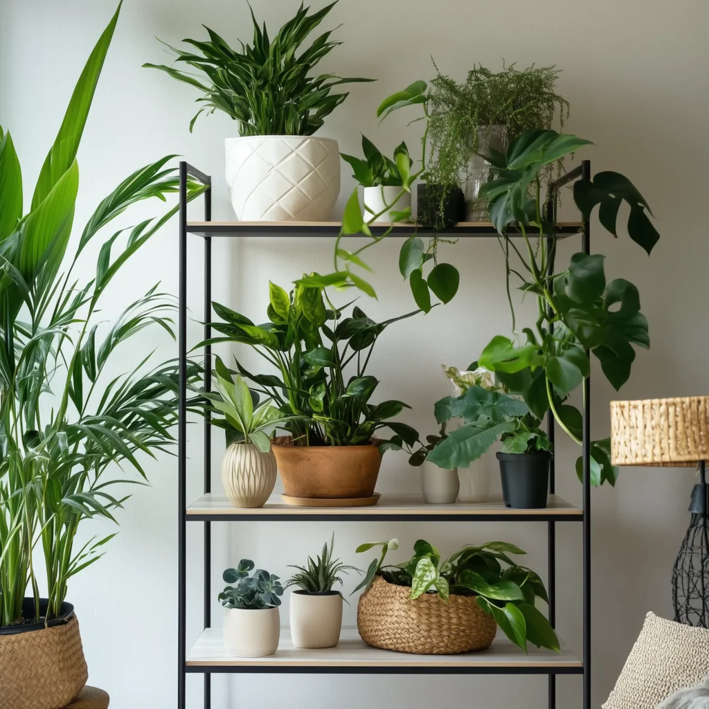 A wooden shelf filled with various houseplants in a cozy living room.