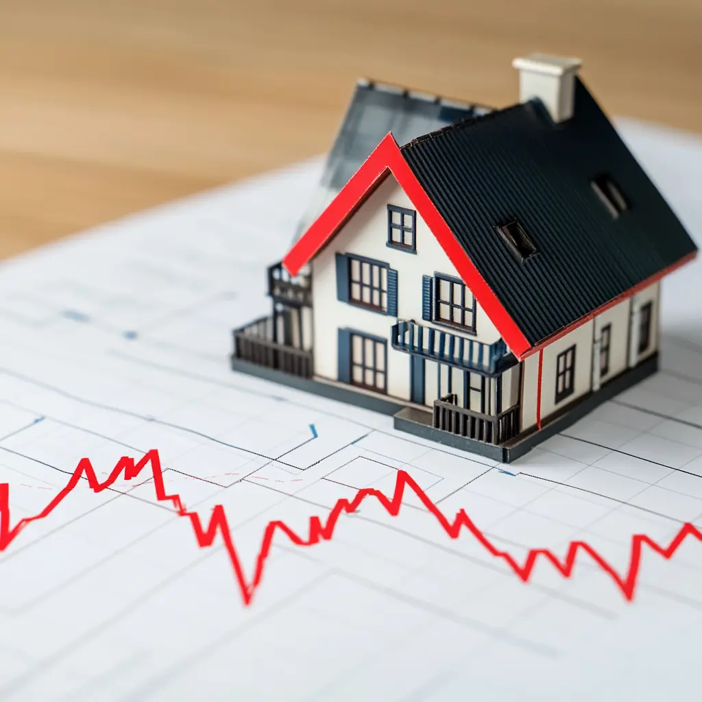 A red line graph shows a steep decline in housing prices, juxtaposed against an image of a modern house.