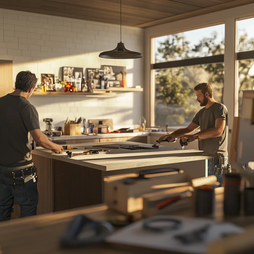 Hyperrealistic 4K: Two Men Remodeling a Modern Kitchen Two men remodeling a modern kitchen in a hyperrealistic 4K scene. One installs a sleek countertop while the other works on cabinetry.