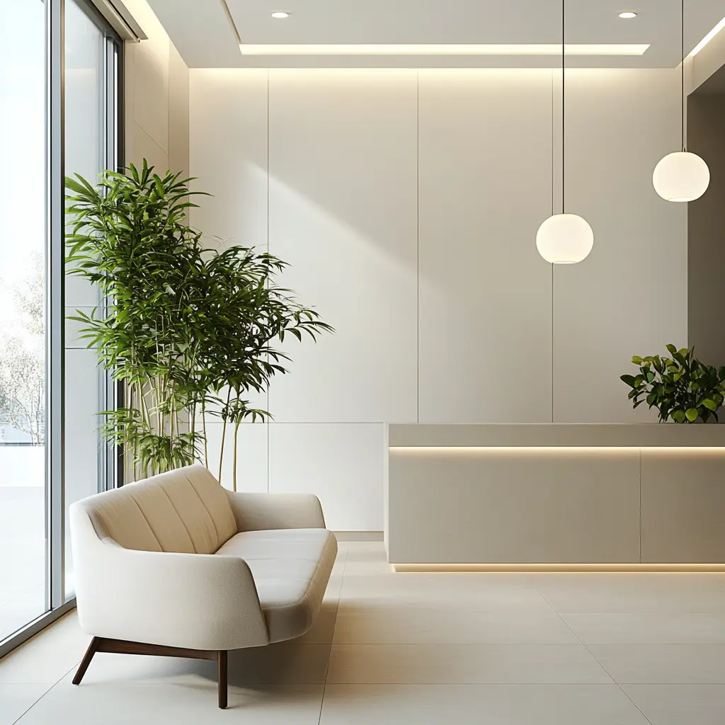 Hyperrealistic Rendering: Elegant Small Waiting Room Design Hyperrealistic rendering of a small, elegant waiting room with a large window, a modern couch, and a reception desk.