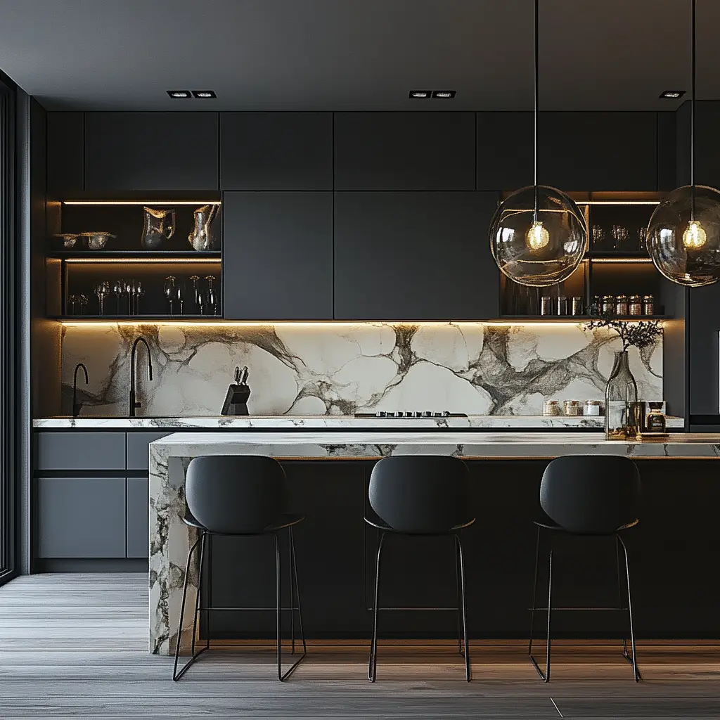 Hyperrealistic Kitchen Render: Photo-Realistic 3D Visualization Hyperrealistic 3D render of a modern kitchen with white cabinets and a marble countertop.