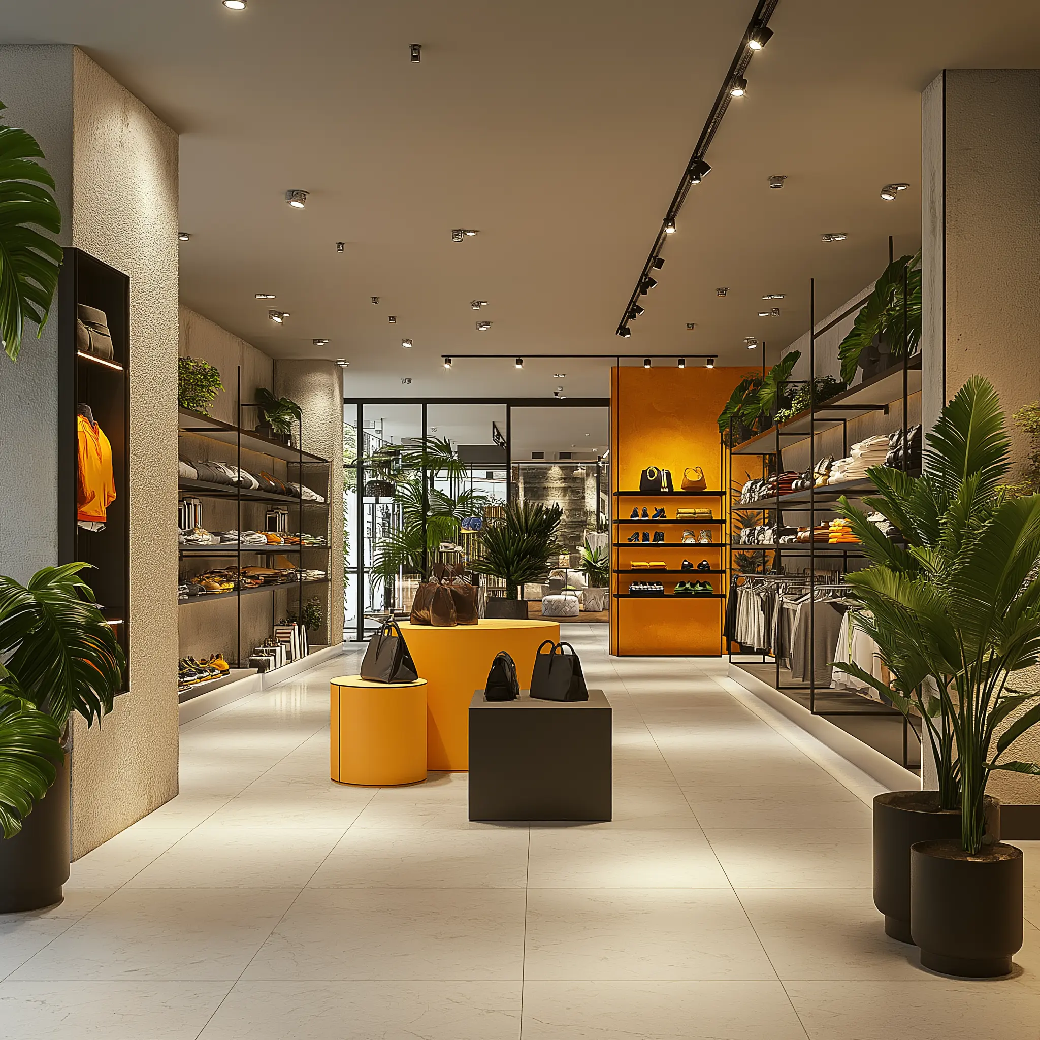 Hyperrealistic Retail Shop Interior: Naturalistic Rendering Hyperrealistic interior view of a retail shop with a wide-angle perspective, featuring stone wall cladding, steel accents, and tropical plants.