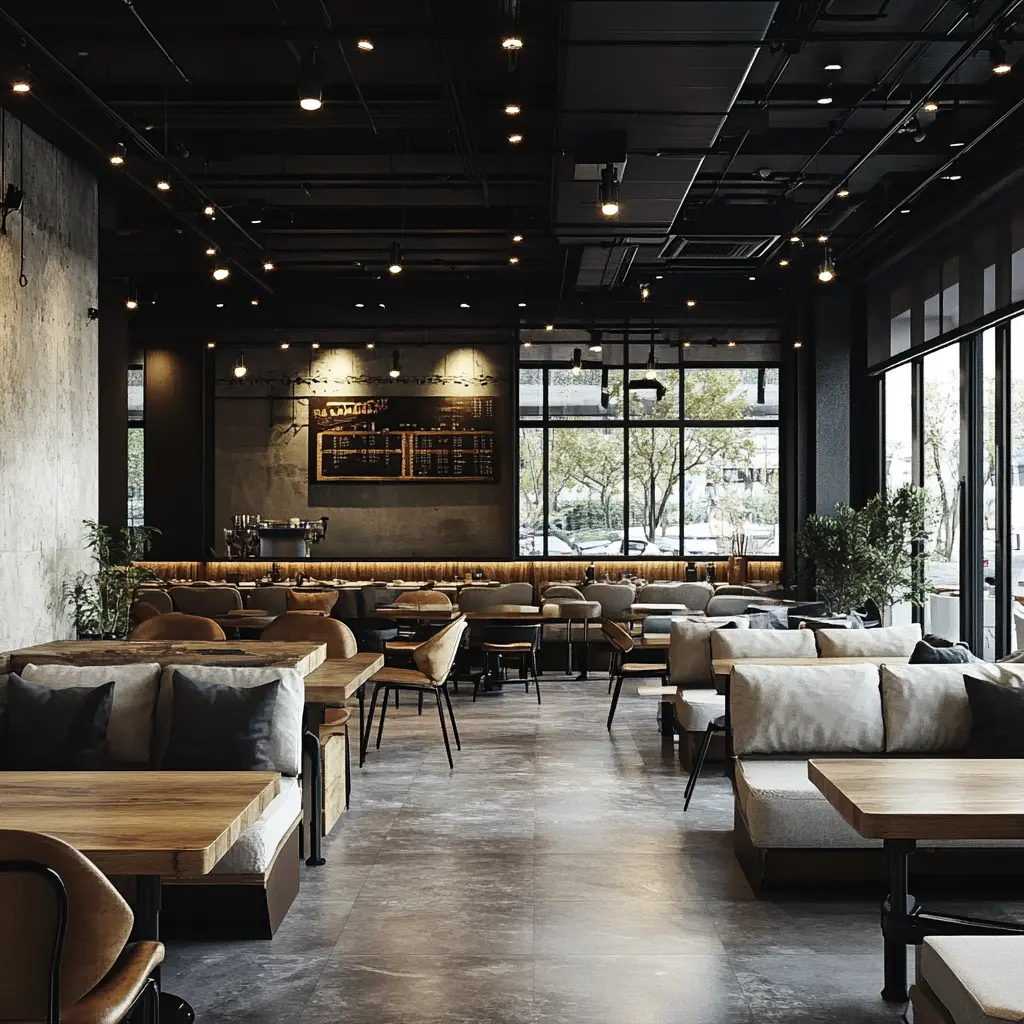Industrial Chic Interior Design: Cement, Wood, and Black & White Industrial style interior design featuring exposed cement walls, black metal accents, and a wooden dining table.