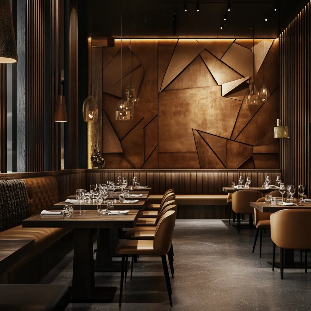 Industrial Chic Steakhouse Interior Design A modern steakhouse interior featuring tan leather seating, ash wood tables, and geometric wall art.