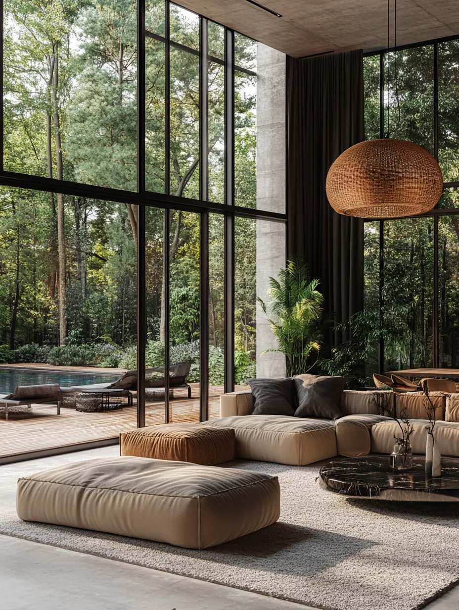 Modern Forest Villa Living Room with Infinity Pool View A modern living room with floor-to-ceiling windows overlooking an infinity pool, set against a lush forest backdrop.