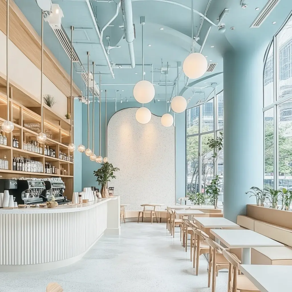 Japandi-Inspired Café Design: 120 Square Meters of Tranquility A rendering of a Japandi-inspired café interior with a focus on natural light and minimalist design.