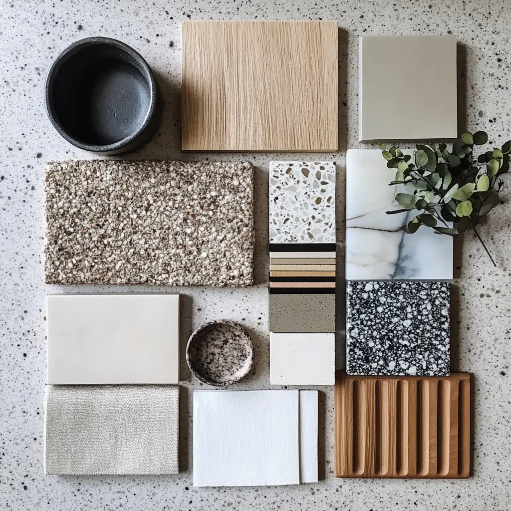 A top-down view of a Japandi style moodboard featuring fabric swatches, plaster samples, and hardware.