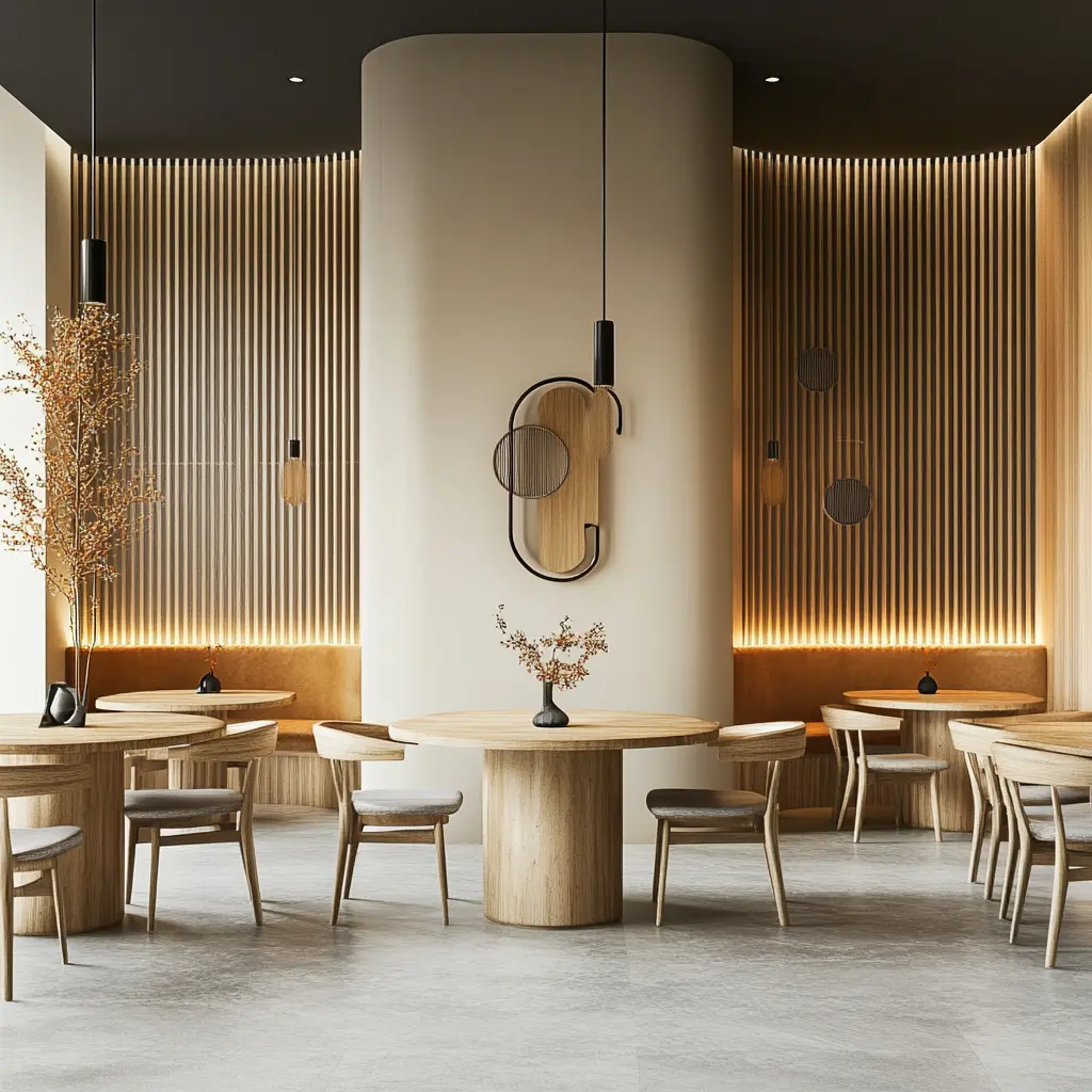 3D Rendering: Japanese-Inspired Restaurant Interior Design 3D rendering of an Asian restaurant interior with minimalist wooden elements and beige walls, inspired by Japanese architecture.
