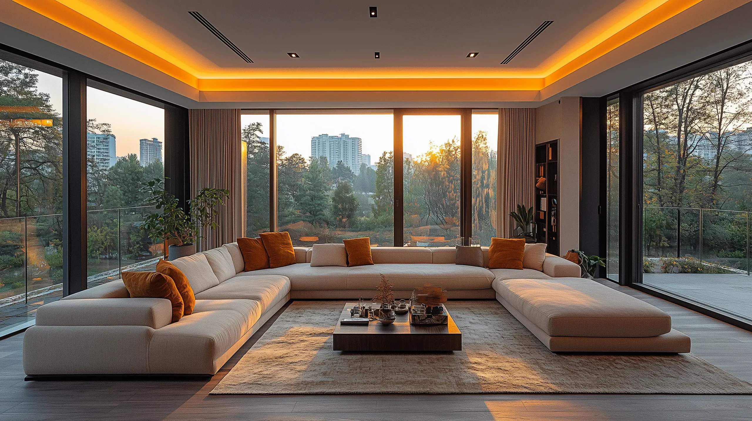 Designing Your Dream Space: A Collaborative Process A panoramic view of an elegant living room inspired by Jutte Kjolbe's design, featuring beige sofas, dark wood accents, and large windows.