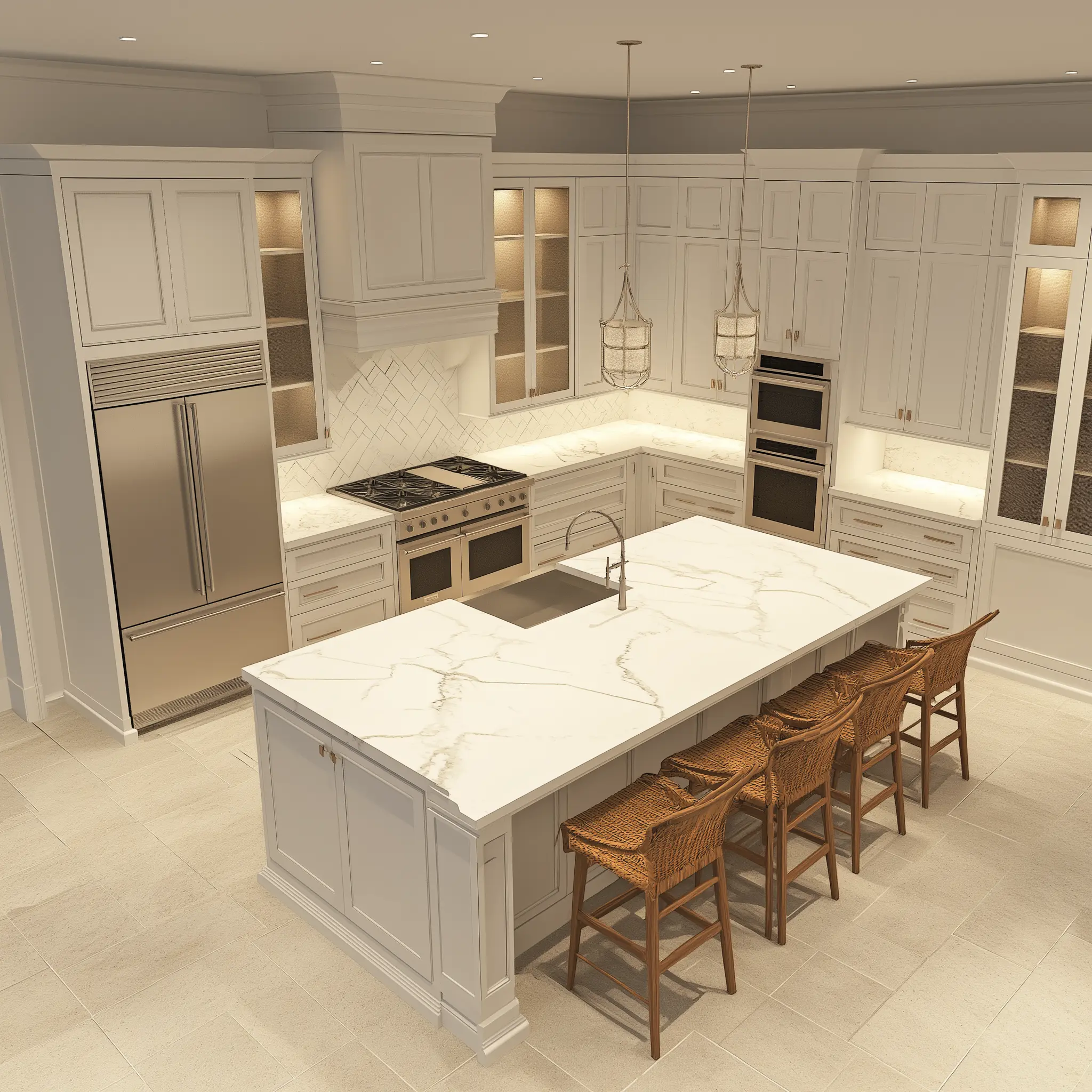 Kitchen Island with Seating: Modern Kitchen Design A modern kitchen with a large island that seats five people, featuring a sink, white countertops, and a terrazzo floor.