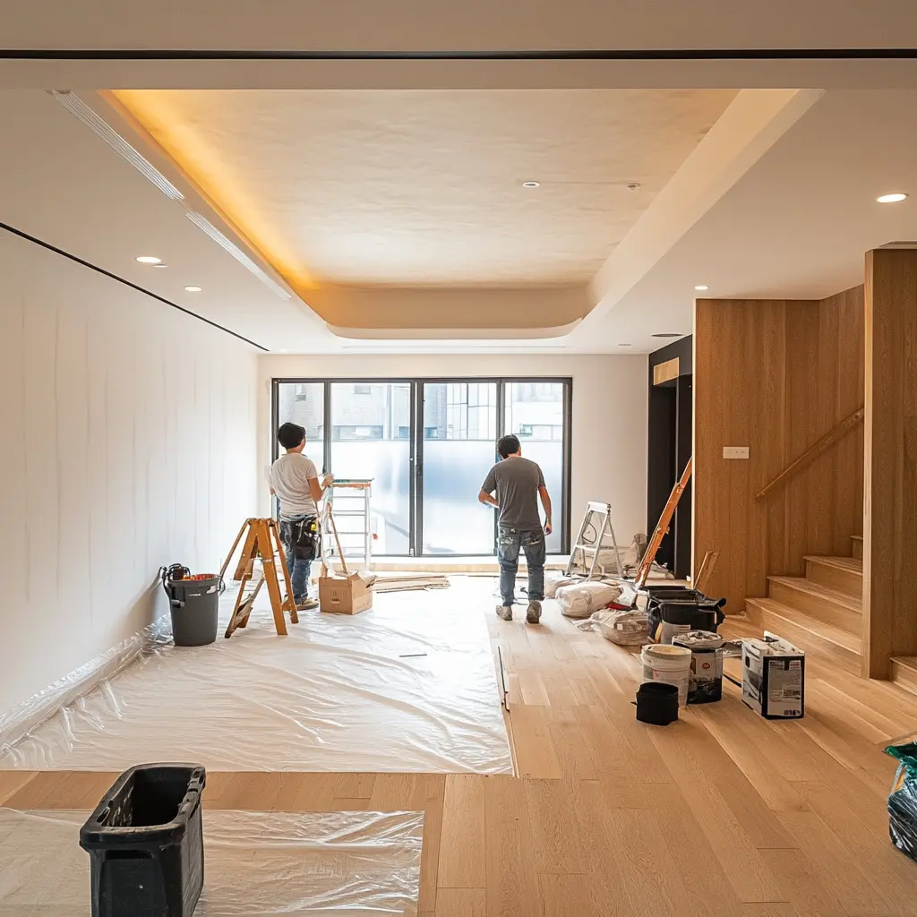 Korean Villa Renovation: Modern & Cozy Home Transformation Workers painting walls and installing wooden flooring during a Korean villa renovation.