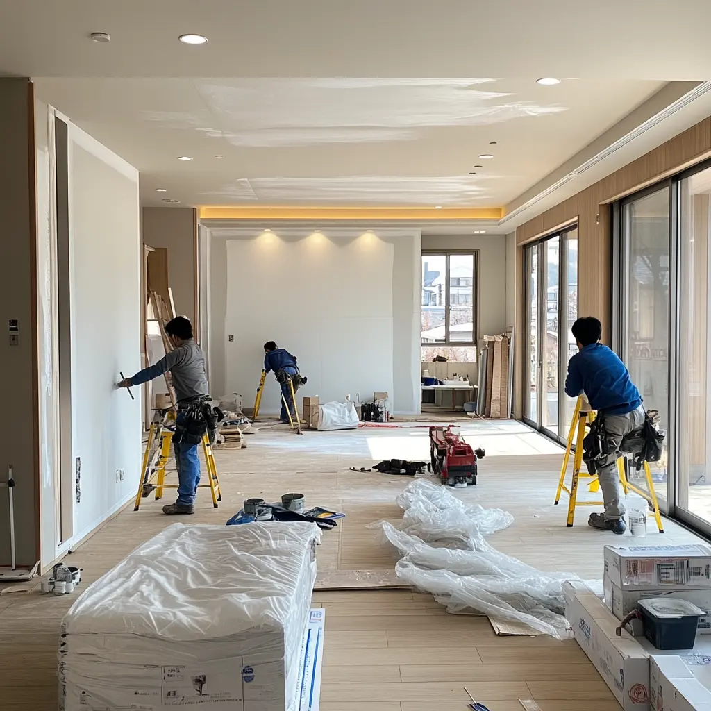 Korean Villa Renovation: Modern & Cozy Home Makeover Renovation in progress in a Korean villa. Workers installing wooden flooring and painting walls in a spacious living room with abundant natural light.