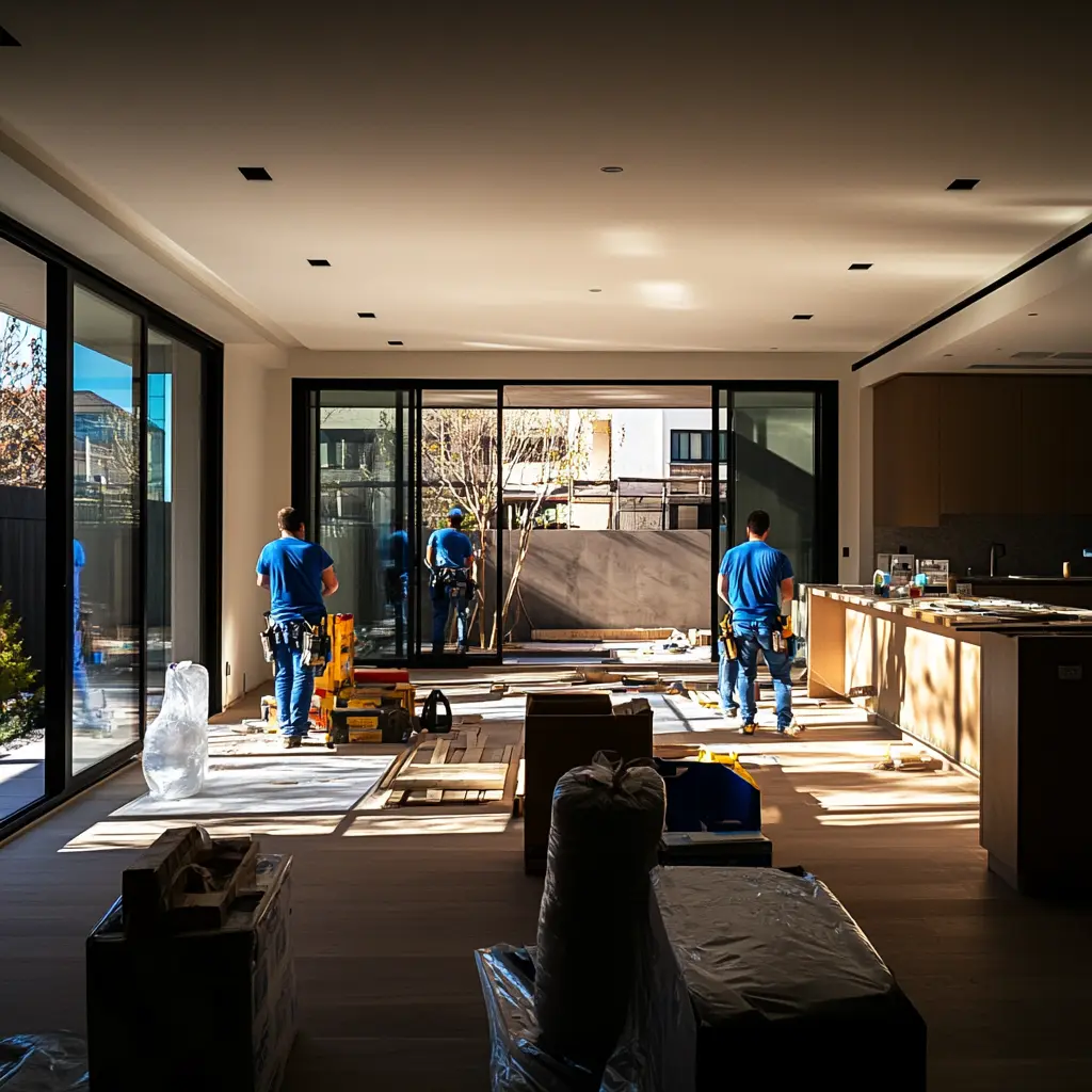 Living Room Renovation in Progress: Captured with Canon EOS R8 Three workers in blue t-shirts working on a living room renovation, captured with a Canon EOS R8.