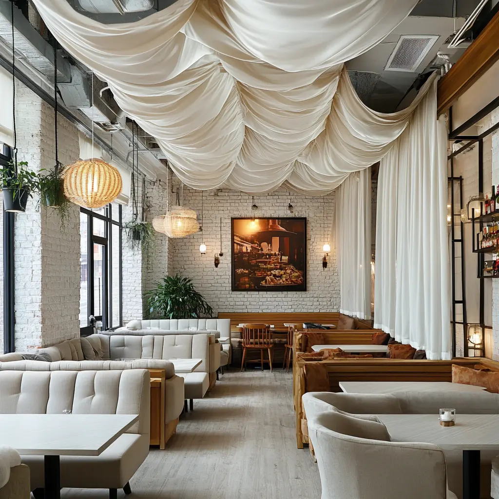 Industrial Chic: Loft-Style Restaurant with Cozy Vibes A loft-style restaurant with white ceilings, ambient lighting, and comfortable sofas.