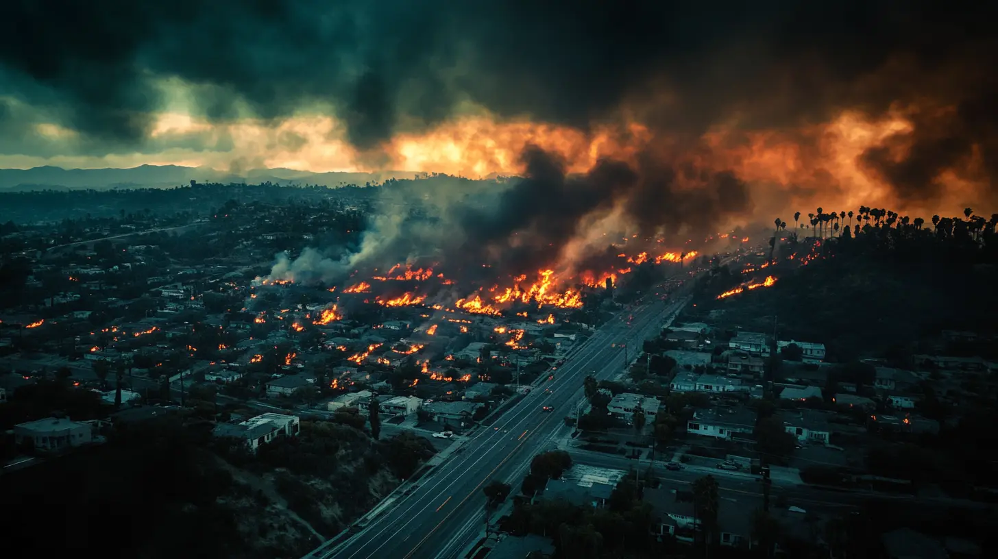 A dark, aerial photograph of homes engulfed in flames during a wildfire in Los Angeles.