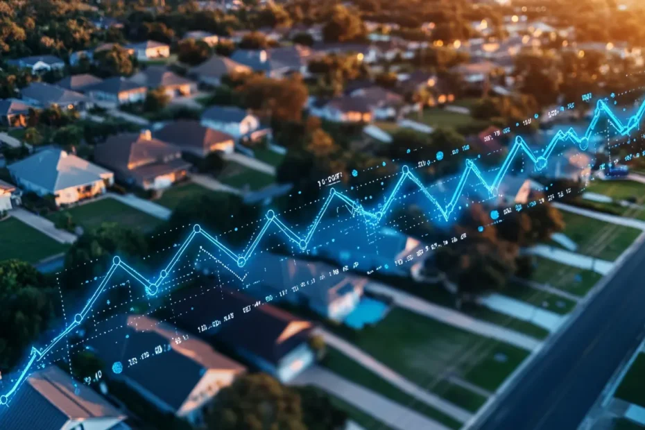 A chart displaying lower mortgage rates driving inventory growth in a suburban neighborhood with houses and streets, featuring detailed data points on weekly inventory changes and new listings.